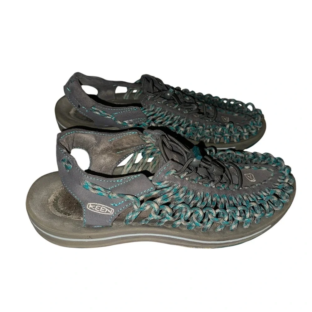KEEN Uneek Women 8.5 Dark Grey Teal Braided Cord Sport Sandals 1014113